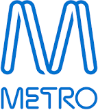 A blue metro logo with the word " m ".